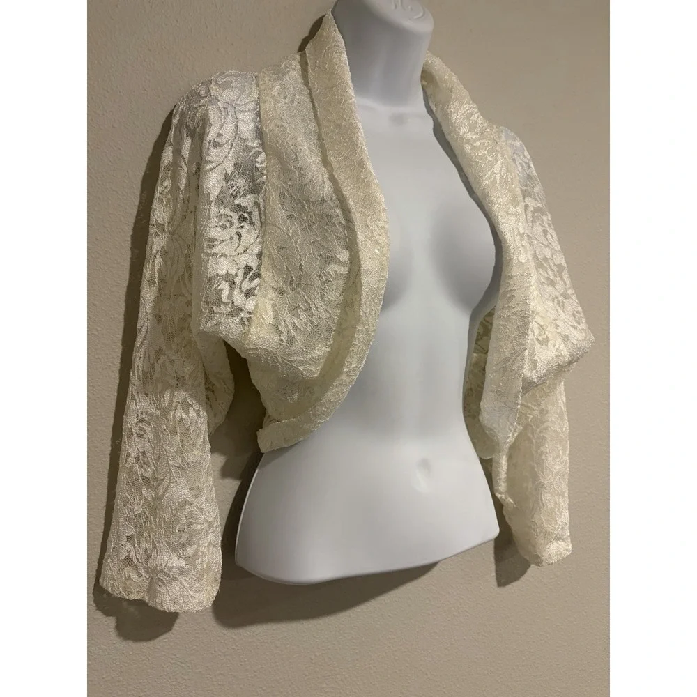 Tahari ASL Bolero~XL~Off White Lace Sequin Crop Shrug Formal Evening Covers Arms - Picture 5 of 14